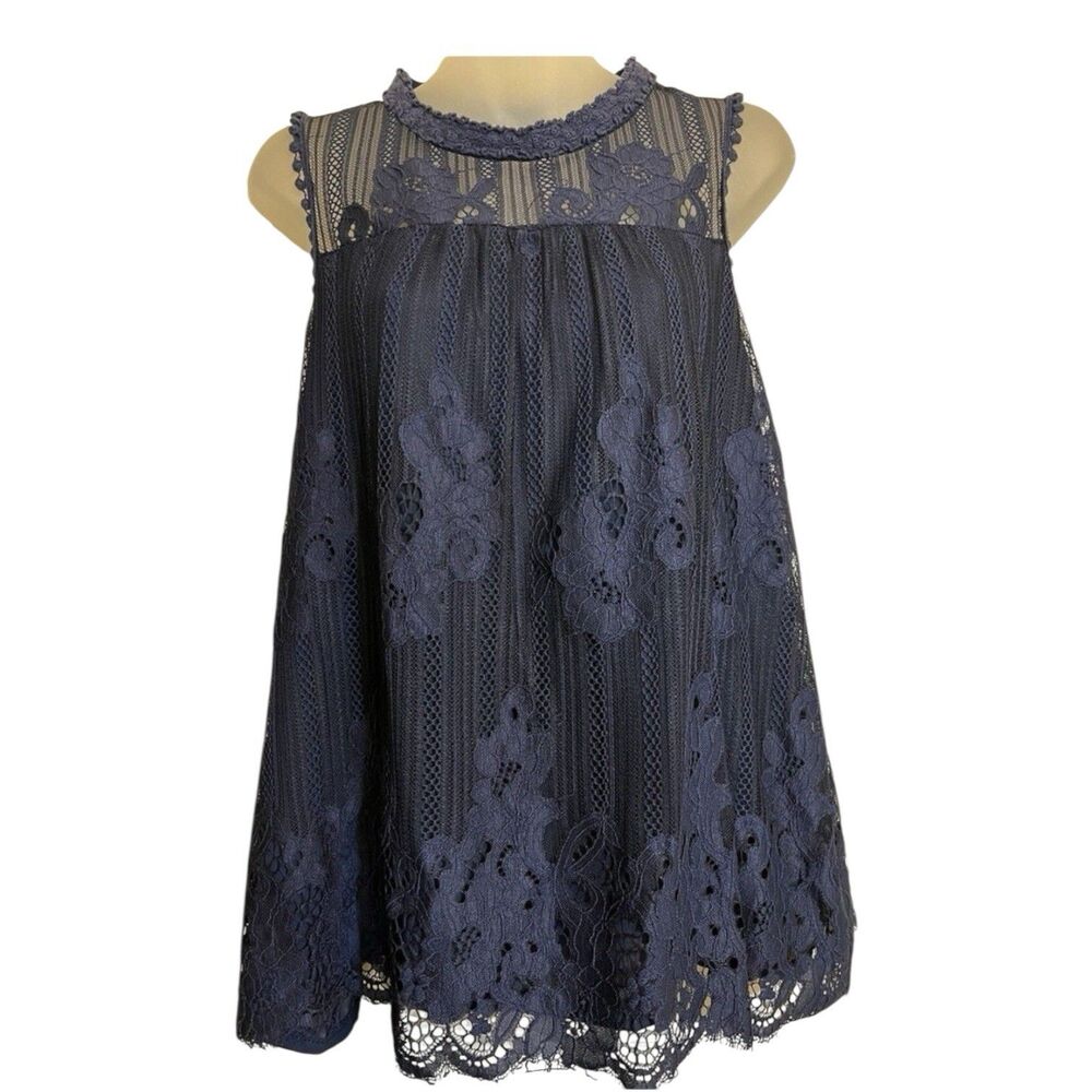 Lace Sleeveless Top XL Boho Romantic Navy Floral Overlay Coquette Blouse 🧷